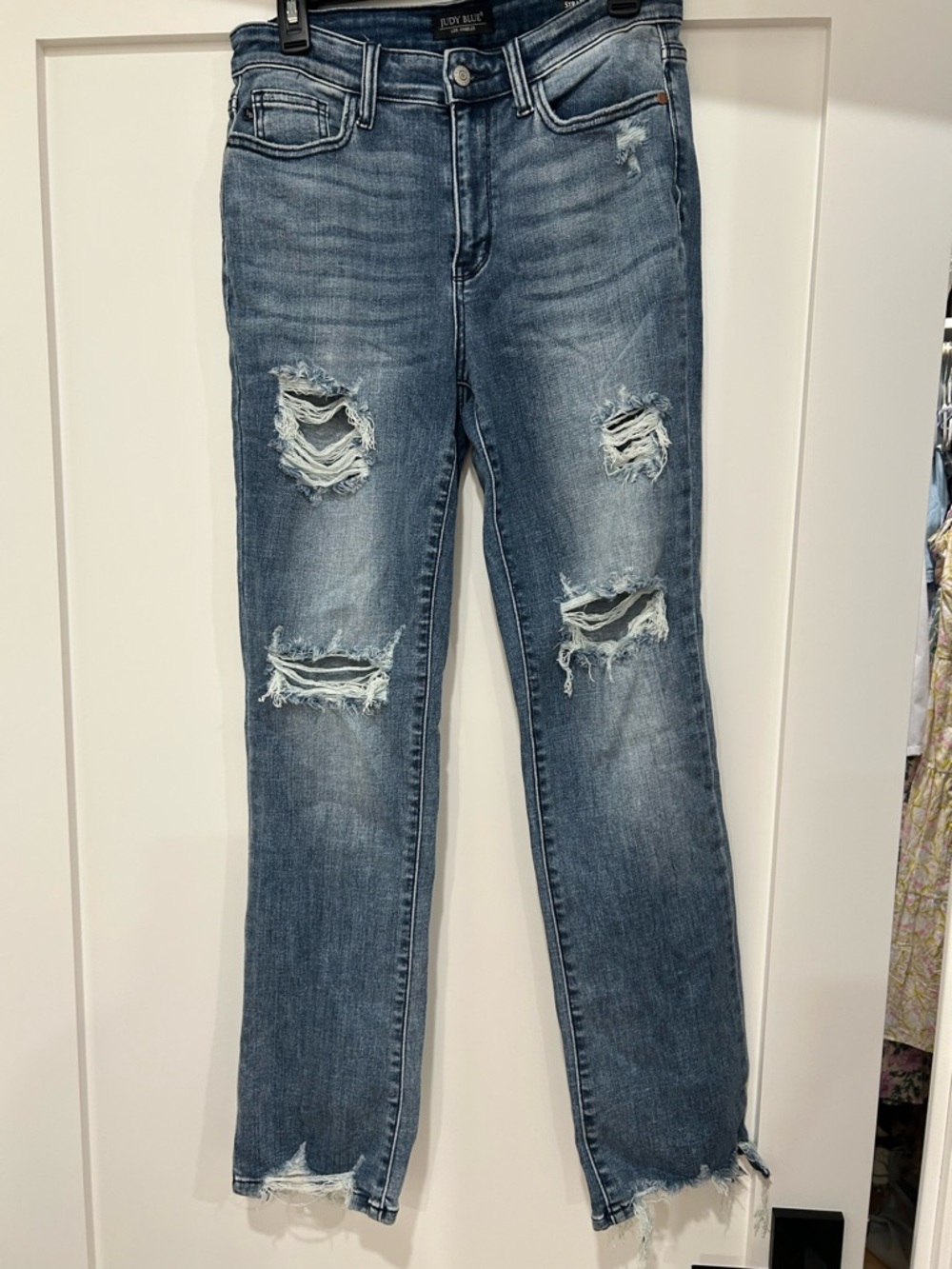 Judy Blue Medium Blue Distressed Straight-Leg Jeans